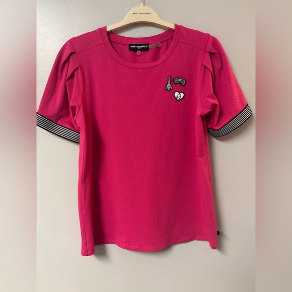 Karl Lagerfeld Pink Soild Striped Paris Eiffel Tower Karl Emoji Top Medium - Picture 1 of 9